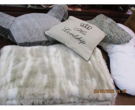 A faux fur throw in cream and light grey, 62" x 75", retailed by John Lewis and other soft furnishings to include two blanket