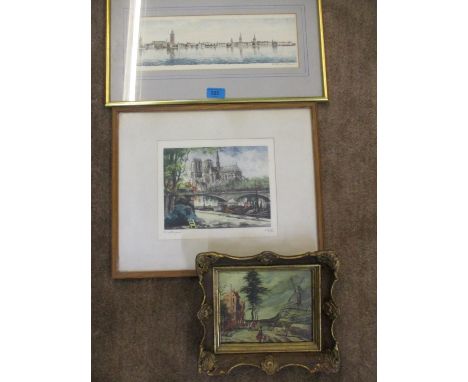Three continental pictures to include a pen and ink lithograph scene of a waterway, signed and dated '64 by R Eriksson-a Stoc