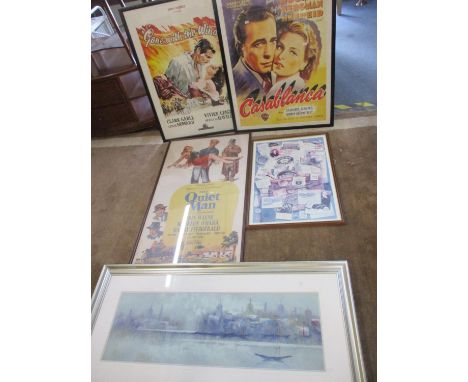Three reproduction film posters to include Gone With The Wind, together with a Raffles Hotel, Singapore memory board print an