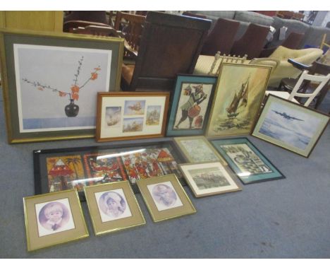 Mixed pictures to include a print depicting a sailing ship, one depicting the hunt and others 
