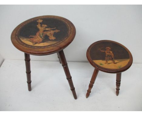 Two similar early 20th century Italian inlaid, Tunbridge and marquetry olive wood occasional tables, one decorated with two m