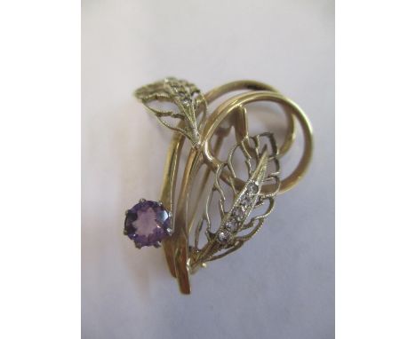 A 9ct gold amethyst and diamond brooch, total weight 4.6g. Location:cab 