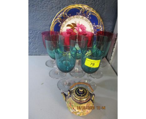 Early 20th century pedestal wine glasses, four cranberry glass and five green glass, a miniature Satsuma teapot and a Coalpor