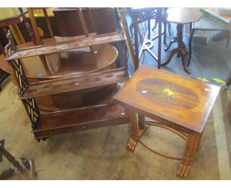 A reproduction mahogany three tier wall hanging shelf, together with a nest of three inlaid tables 