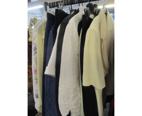 Ladies blouses to include a Jaeger cream ruffled blouse, size 38" chest and mixed clothing, mainly size 14, to include Jaeger