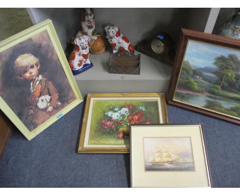 Reproduction oriental lion dogs, an oak framed mantle clock, and a letter rack 