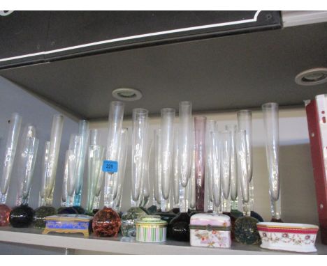 Retro glass specimen bud vases, together with trinket boxes and a small clock 