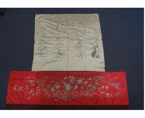 Two Chinese embroidery silks with birds/flowers - 19th century. Size: 130cm x 135 cm. 70 cm x  215 cm. In good condition.