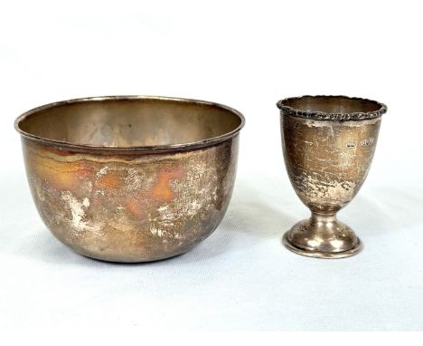 A hallmarked silver monogrammed bowl and silver egg cup, London and Birmingham, late 1920's, 3oz