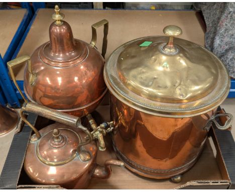 A selection of brass and copper metalware items, samovar, coal bucket, kettle, coach horn