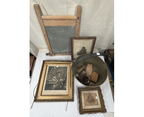 A brass jam pan, a washboard, copper cider measure, butter pats, opera glasses etc; a 19th century watercolour, rural scene, 