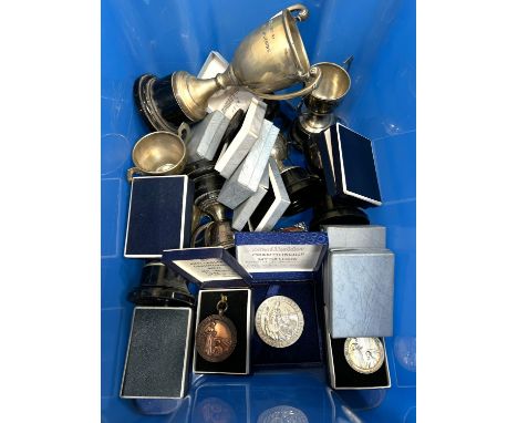 A collection of silver plated trophy cups and bronze and other medals for Gardening and cooking etc