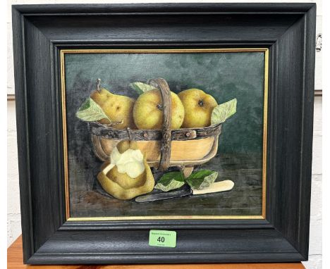 Jeni Vidler (Contemporary): Still Life, 'Pears in a Small Trug', oil on board, 23 x 28cm, signed and framed&nbsp;
