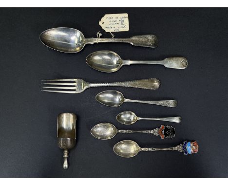 A Georgian hallmarked silver spoon circa 1831, a Georgian hallmarked silver fork, other Victorian and later silver items, and