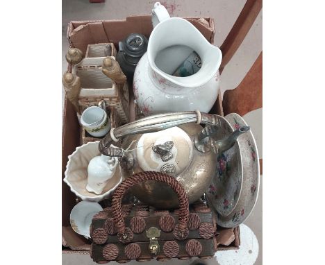A silver plate Art Nouveau tea kettle, a Royal Dux woven vase with bird motif and other miscellaneous items.
