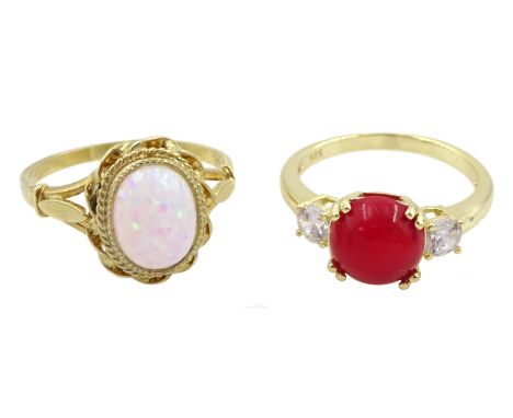 Silver-gilt single stone opal ring, stamped Sil and a silver-gilt three stone bamboo coral and cubic zirconia ring, stamped 9