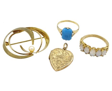 9ct gold jewellery including five stone opal ring, pearl brooch, heart locket pendant and a blue glass ring Condition Report: