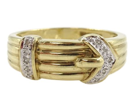 9ct gold diamond chip buckle ring, hallmarkedCondition Report:Approx 4.4gm, size V, max depth = 9.5mm, light surface scratche