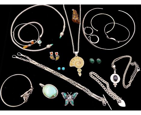 Silver jewellery including ammonite and citrine pendant necklace, malachite torque necklace, pair of earrings and bangle, amb