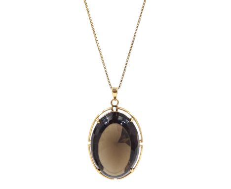 14ct gold large smokey quartz pendant, on long 18ct gold box link necklaceCondition Report:Smokey quartz approx14.15gm, top l