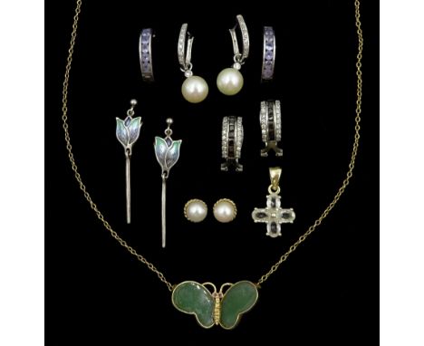 9ct gold green agate butterfly necklace, pair of 9ct gold pearl stud earrings and a collection of silver jewellery including 