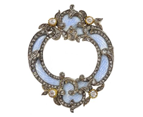 Early 20th century Continental enamel and diamond brooch, the pale blue guilloche enamel, with applied silver decoration set 