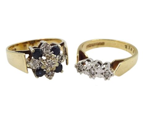 Gold sapphire and diamond cluster ring and a gold illusion set three stone diamond ring, both hallmarked 9ctCondition Report: