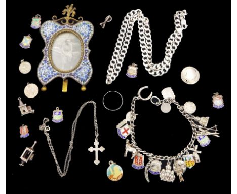 Silver jewellery including a charm bracelet with eighteen charms including wise monkeys, moon, horse etc, loose charms, curb 