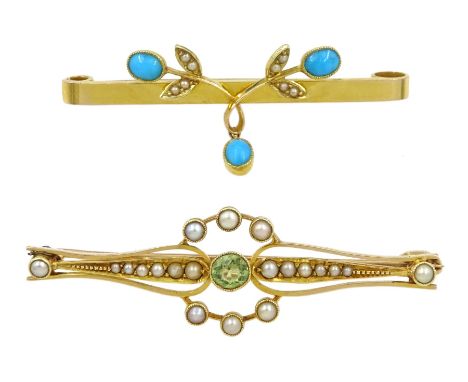 Edwardian gold peridot and split pearl brooch and a gold turquoise and seed pearl brooch, both stamped 15ct, boxedCondition R