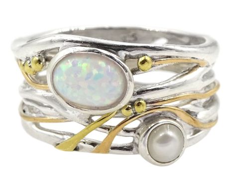 Silver and 14ct gold wire opal and pearl ring, stamped 925Condition Report:Size P, max depth = 12mm, good condition 