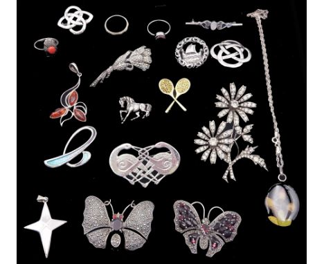 Collection of silver and stone set silver jewellery including two marcasite and paste butterfly brooches, bird brooch by Rhia