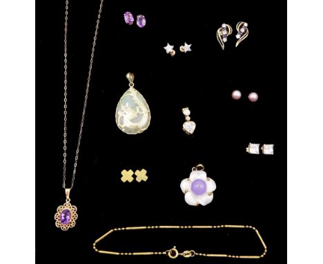 Collection of gold jewellery including jade dragon design pendant, lavender jade and mother of pearl flower pendant, cubic zi