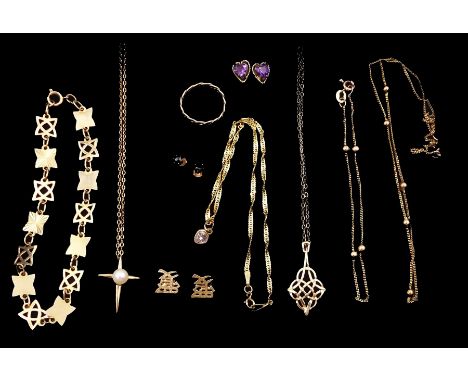 Collection of 9ct gold jewellery including cubic zirconia heart bracelet, pearl cross pendant necklace, Celtic design pendant