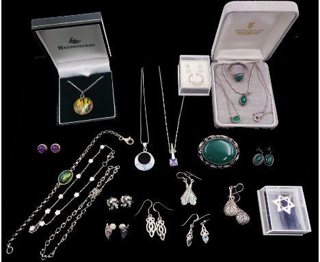 Silver and silver stone set jewellery including green agate brooch, pair of pendant earrings, two necklaces and ring, enamel 