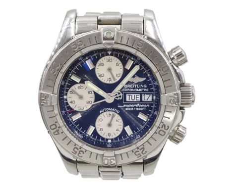 Breitling Superocean gentleman's stainless steel automatic chronograph wristwatch, Ref. A13340, blue dial with triple registe