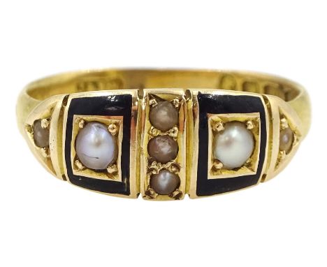 Victorian gold enamel and split pearl mourning ring, the shank inscribed 'In Memory of Farther &amp; Mother' and hallmarked 2