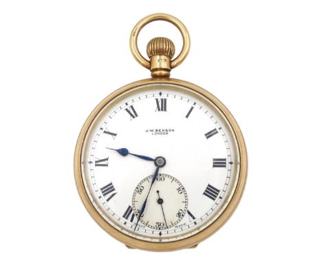 Early 20th century 9ct rose gold open face, keyless Swiss lever pocket watch by J. W. Benson, London, white enamel dial with 