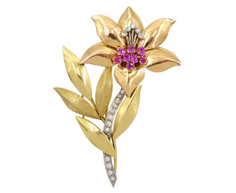 18ct gold diamond and ruby lily brooch, the platinum channel set diamond stem, amongst yellow gold polished and textured leav