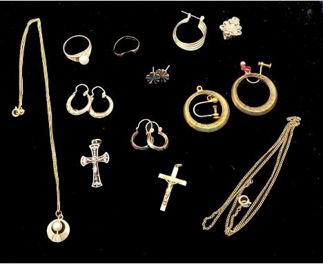 Collection of 9ct gold jewellery including two pairs of hoop earrings, crucifix pendant, pearl pendant necklace and ring etc,