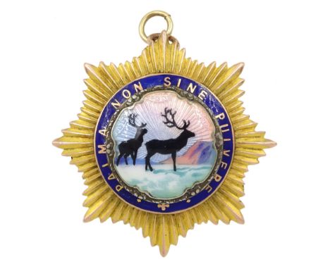 9ct gold Royal Antediluvian Order of Buffaloes presentation medallion/brooch, with applied Norwegian enamel depicting stags, 