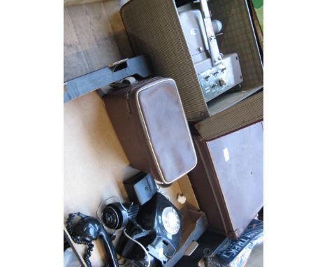 2 vintage cases and a box of various items to include, projectors, old phone, a fishing reel, etc 