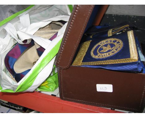 A bag and a vintage case with masonic regalia items 