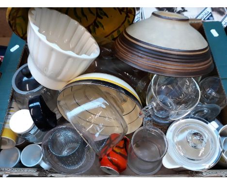 A box of pottery and glass including an Art Deco Arcadian ware bowl, a Poole pottery vase, a slipware bowl etc. 