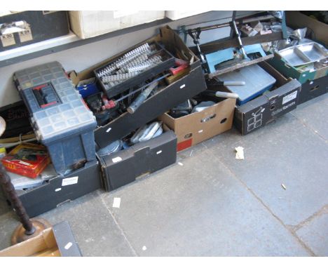 5 boxes and a toolbox with various tools 
