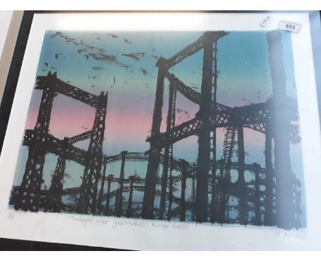 "Twilight Over Gasometers Kings Cross" limited edition screen print, signed in pencil. 