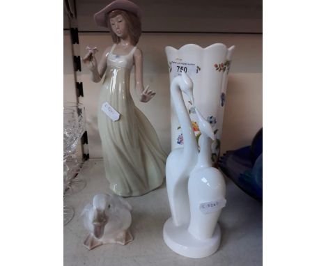 Nao figure and duck, Coalport birds and an Aynsley vase 