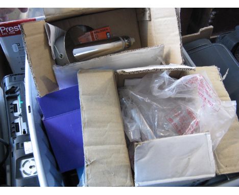 A box of chromed light fittings and bulbs 