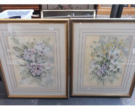 Crate of pictures inc. pair of Joan Ibbotson watercolours of flowers and a [print after Helen Bradley. 