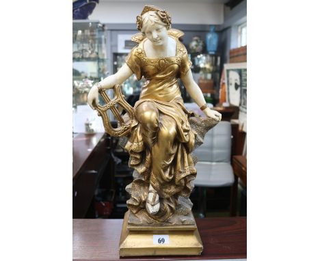 Large Plaster figure of a Plaster Gilt decorated Art Nouveau figure with Harp marked Reproduction Interdite N 509. 58cm in He