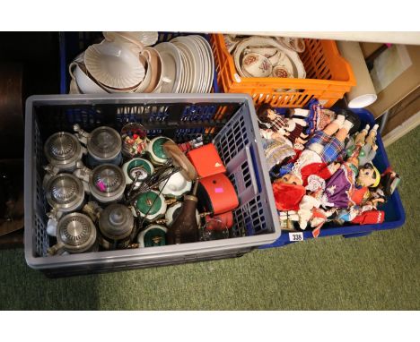 2 Boxes of assorted items to include Copper Powder flask, Watches, Beer steins and collectors dolls